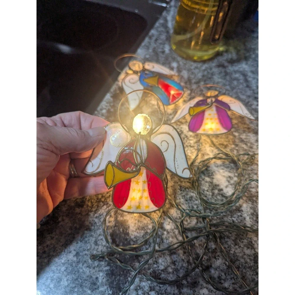 Vintage Multicolor Capiz & Wire Angel Playing Trumpets String Lights 5 Angels